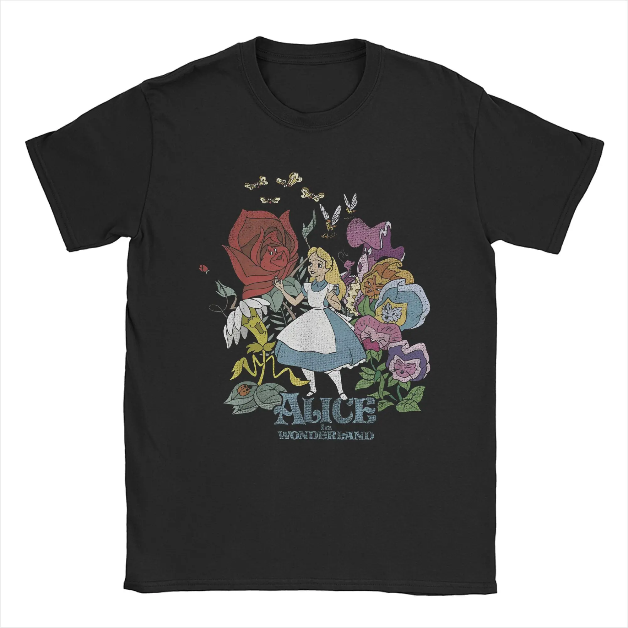 

Men T-Shirt Alice In Wonderland Leisure Pure Cotton Tees Short Sleeve Walking Through The Flowers T Shirts Crewneck merchandise