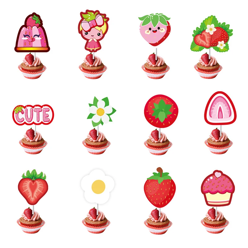 1Set Strawberry Birthday Theme Party Banner Cute Strawberry Cupcake Top Cute Birthday Party Decoration Supplies