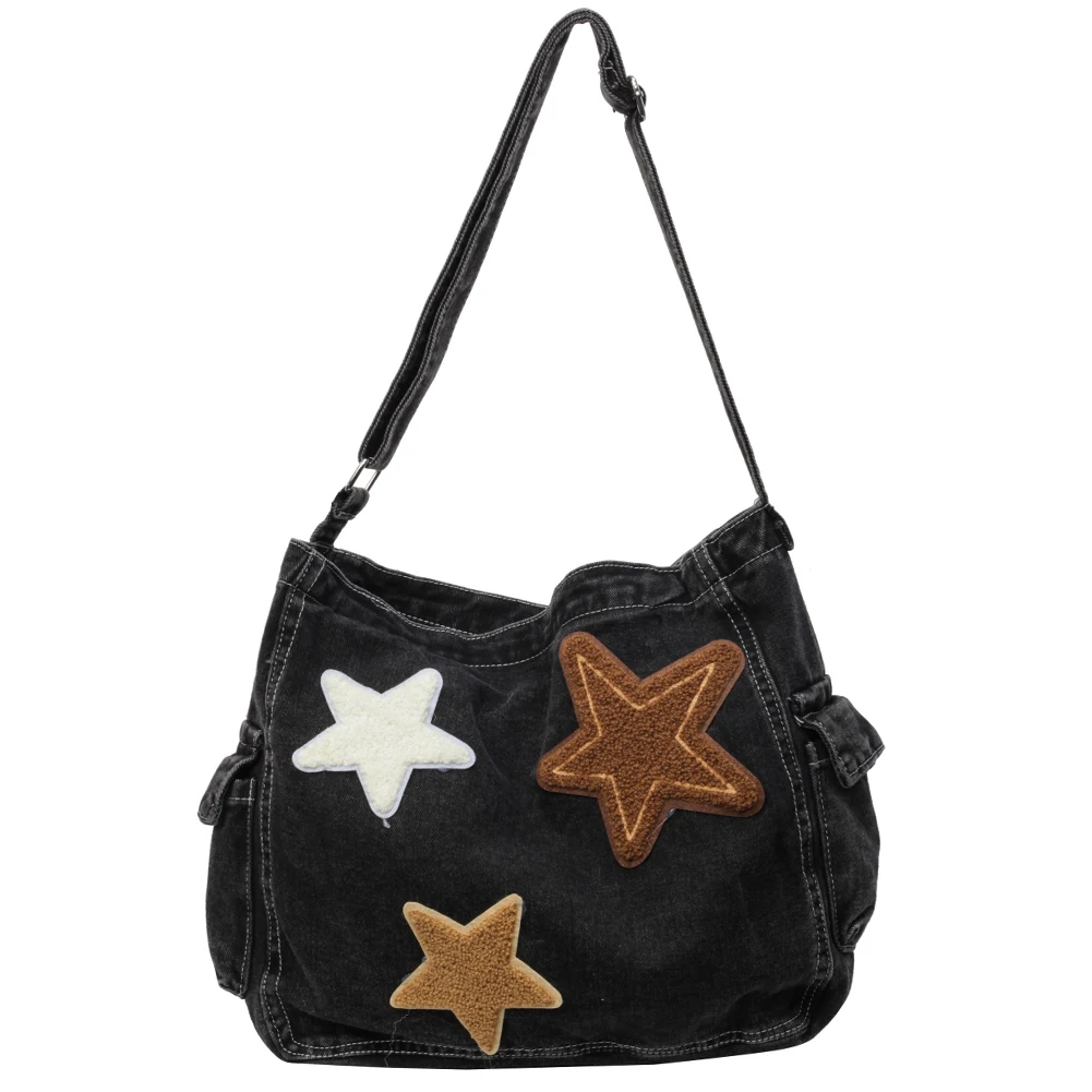 Star Denim Shoulder Bag Large Capacity Trendy Crossbody Bag with Zipper Adjustable Strap Fashion Handbag Multi Pocket for Women