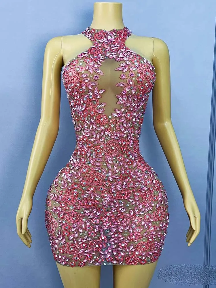 Vestido de malla elástica colgante con cuello Sexy estampado en caliente de alta calidad 2025, nueva moda, ropa personalizada para mujer