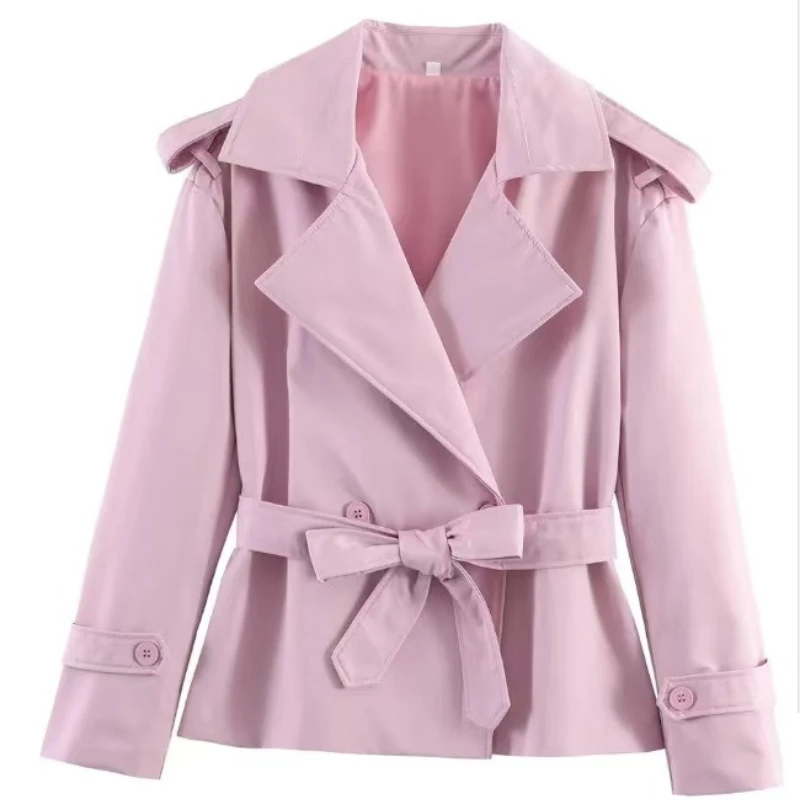 Cross-border European and American Style Women's Solid-color Belted Short Jacket Trench Coat Fashion Aliexpress's Best-selling