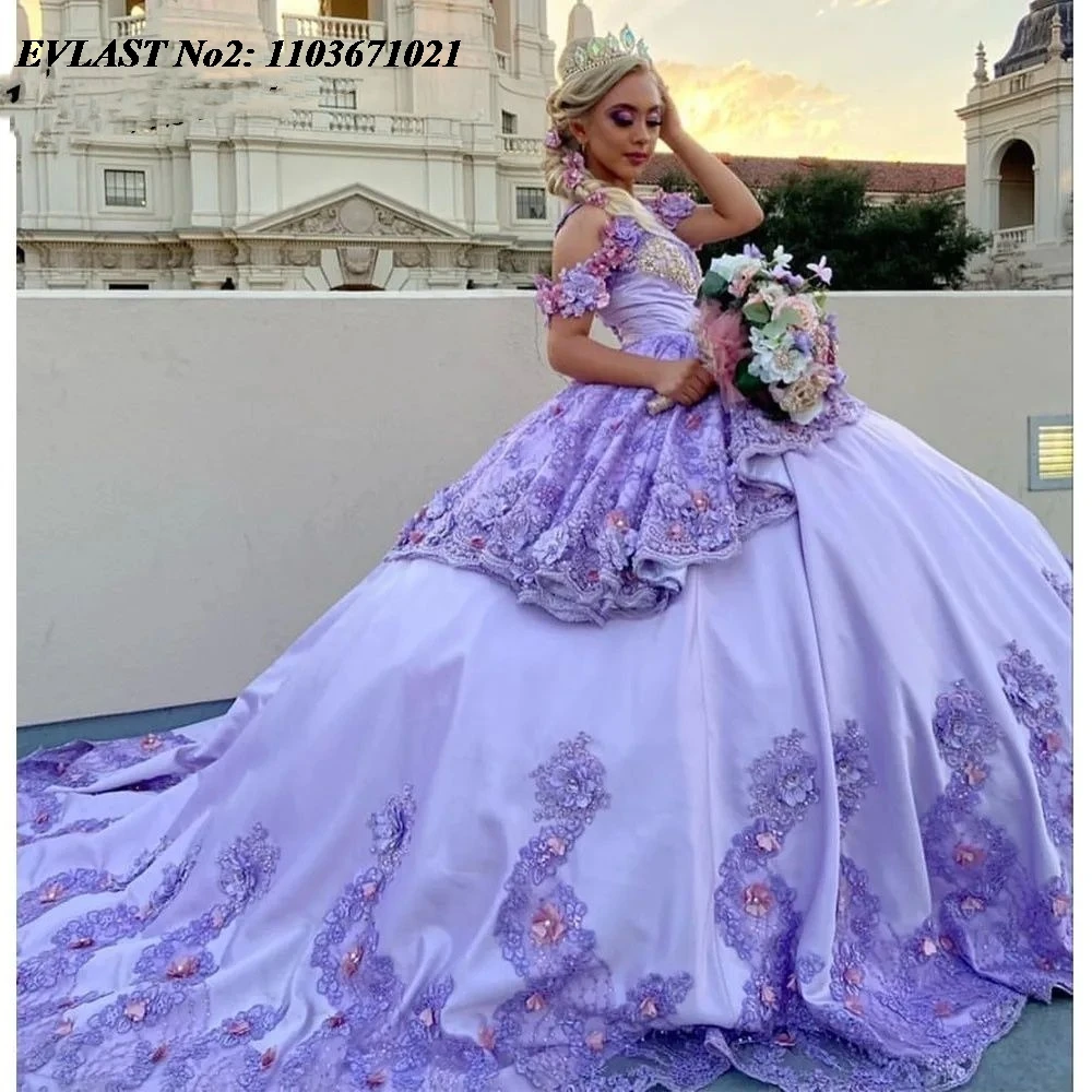Evlast personalizado mexicano lilás quinceanera vestido de baile lantejoulas apliques florais miçangas doce 16 vestidos de 15 anos e2qa72