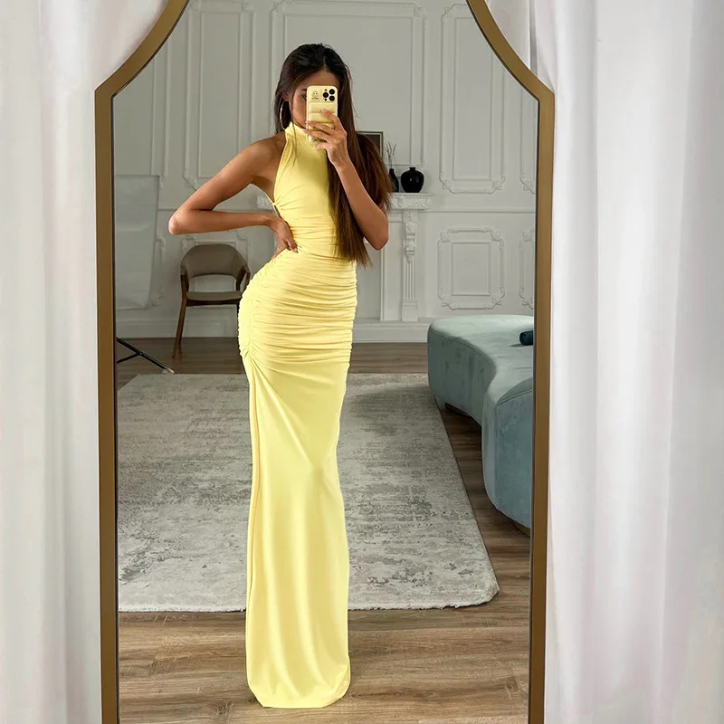 فستان الظهر ذو الطيات المكشوف الأكثر مبيعًا هو الأكثر مبيعًا في الفستان الطويل لولائم المسنين