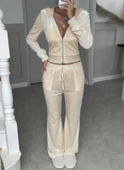 

Spring Fashion Casual Style Women's 2-Piece Solid Color Simple Hooded Slim Fit Short Jacket Low Waist Lace Up Flared Pants Set