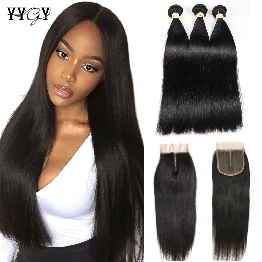 

40 Inch Long Straight Human Hair Bundles With Closure Brazilian Human Hair Weave Bundles Straight Hair Extensions 5X5X1 Closure