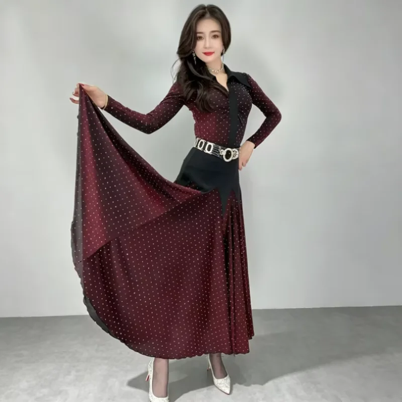 Ladies Modern Swing Skirt Waltz Ballroom Dance Practice Long dress women Ballroom Dance Half Skirt Sequin Long dress