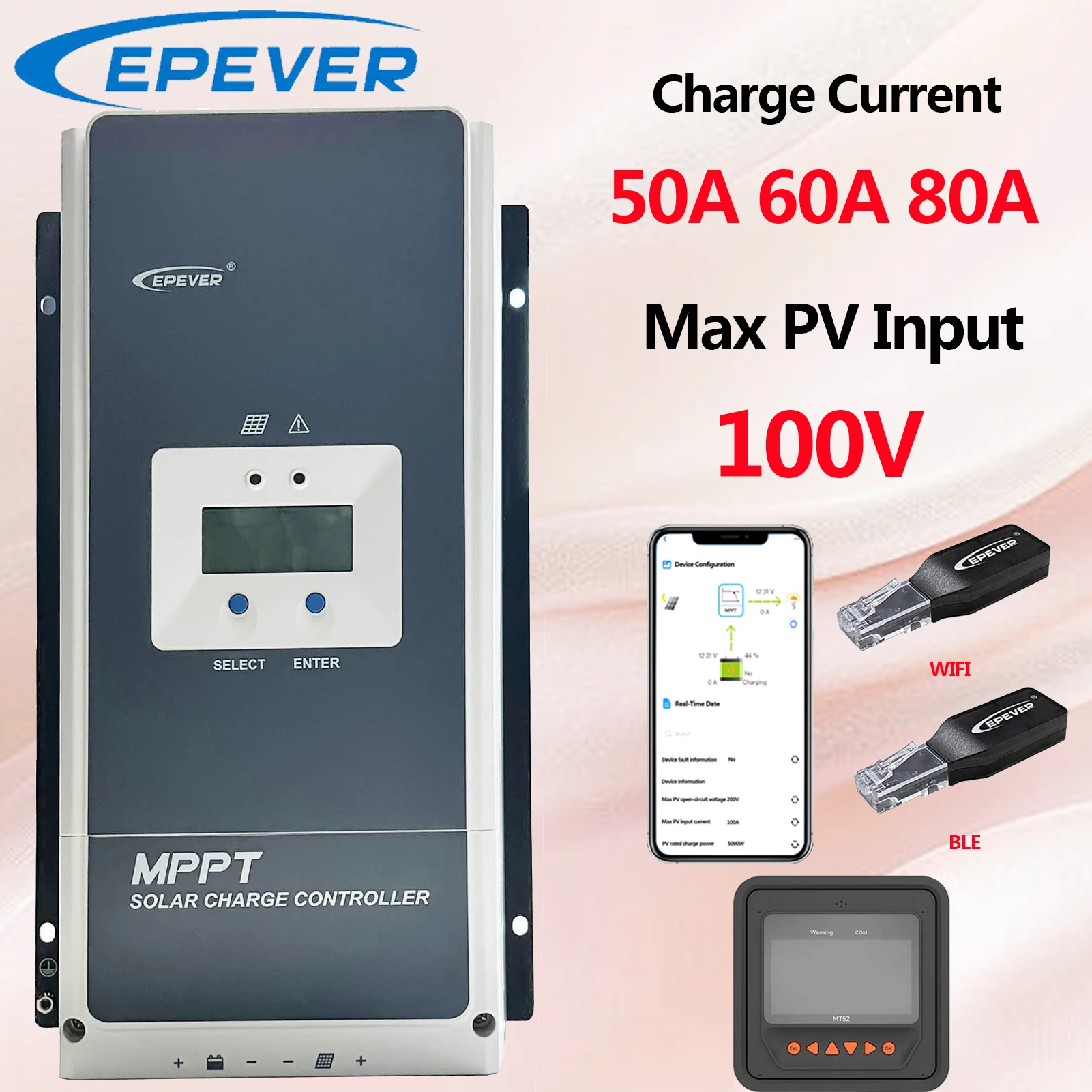 EPEVER Tracer Series 50A MPPT Solar Charge Controller Max PV Input 150V or 200V With MT50 USB Temperature Sensor