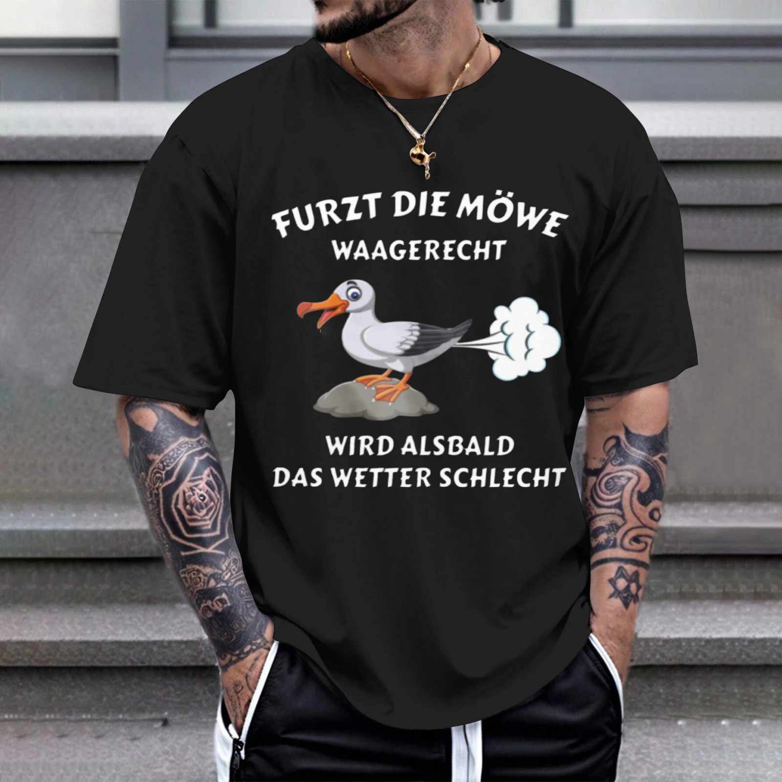Herren-T-Shirt „Furzt Die Mowe Waagerecht Wird Alsbald Das Wetter Schlecht“ – Perfekt für Freizeitkleidung, Partys und Karnevalsoutfits