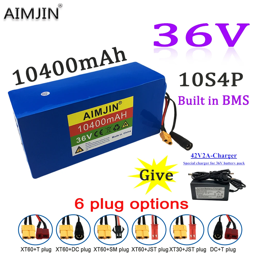 10S4P 36V 10400Ah 18650 Rechargeable Lithium Battery Pack 1000W BMS Power Modified Bicycle electric scooter Vehicle with charger