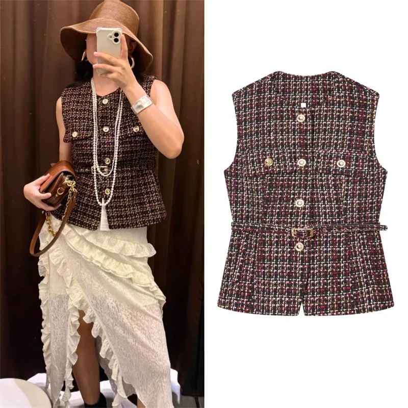 

Женский жилет, осень 2023, новый винно-красный жилет без рукавов с круглым вырезом, украшением на пуговицах и поясом, элегантный светский стиль