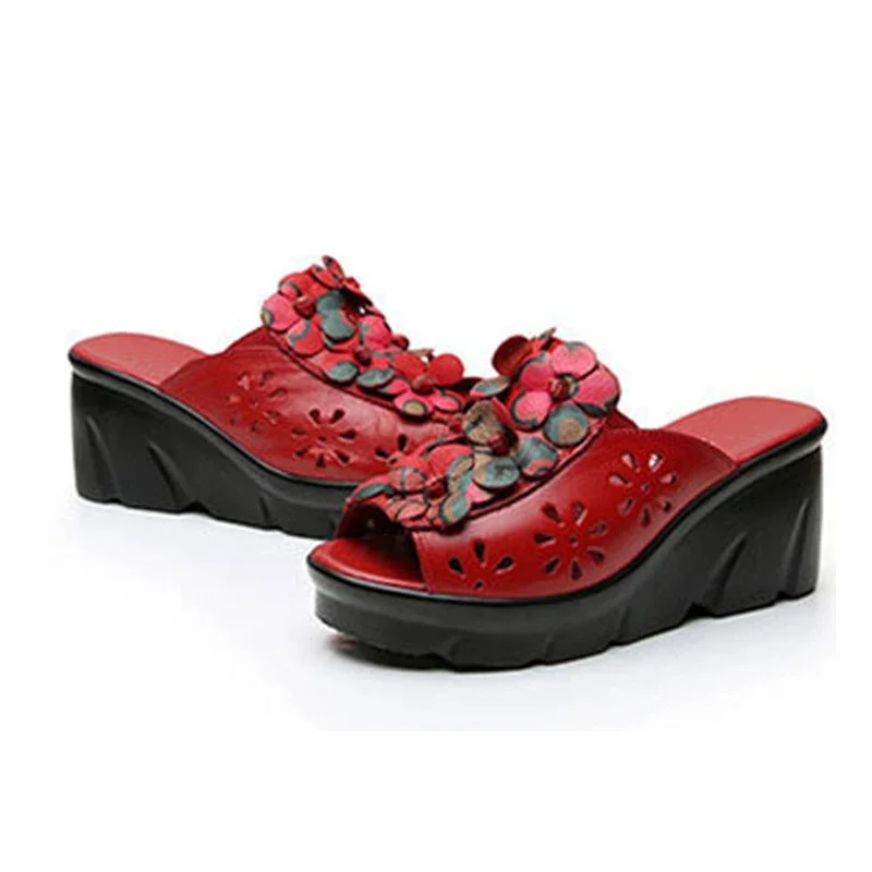 BEYARNESummer Women Shoes Wedges Slippers Platform Sandals Genuine Leather Handmade Flower Hollow Comfortable Women SlidesE784