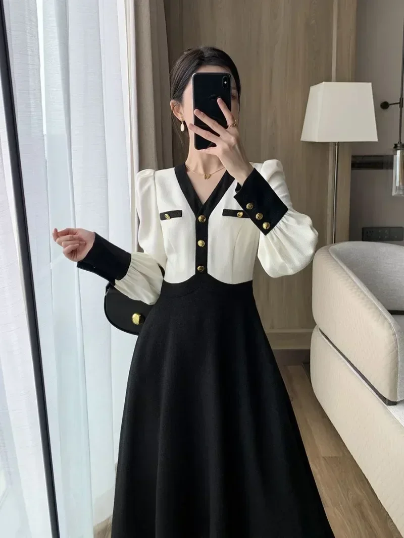 Gagarich Korean Long V-neck Dress Women Autumn Elegant French High-end Temperament Shows Thin Hepburn Style Long Vestidos