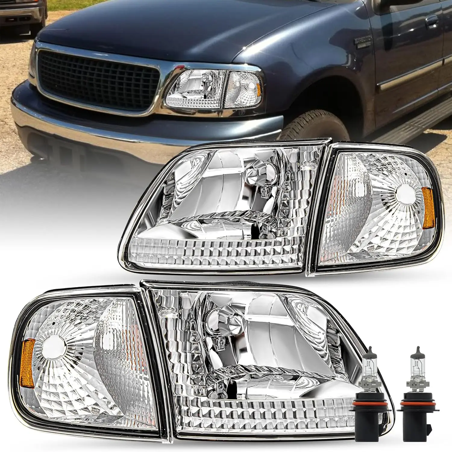 

Комплект из 4 шт. в сборе фар с лампочками и угловыми фарами, подходящий для 97–03 F-150, 04 F150 Heritage, 97–02 Expedition, 97–99 F