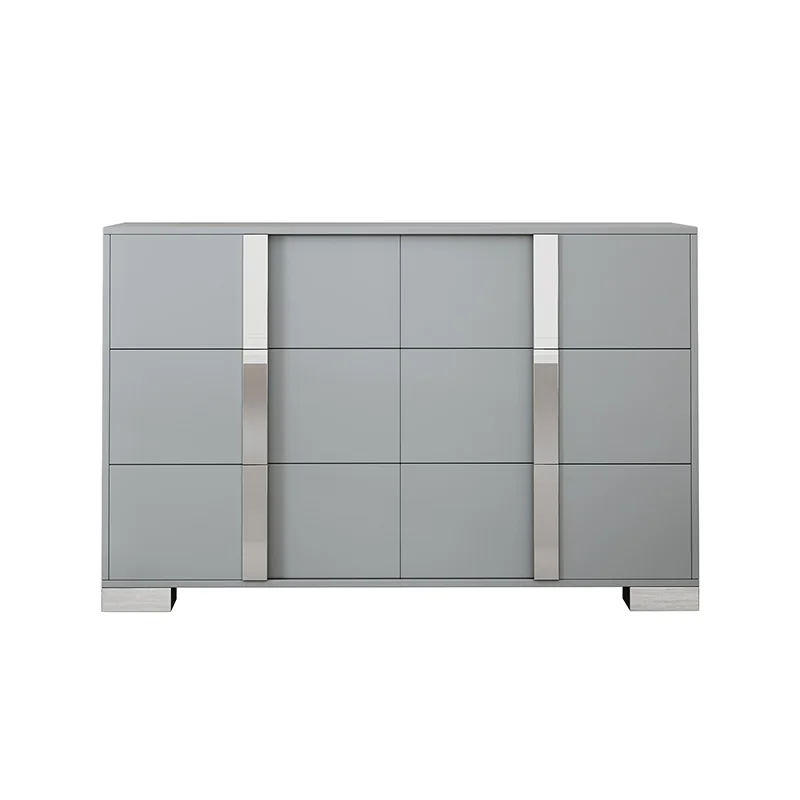 Elegant Modern Dresser with Metal Handle,Mirrored Storage Cabinet with 6 Drawers for Bedroom,Living Room,Grey