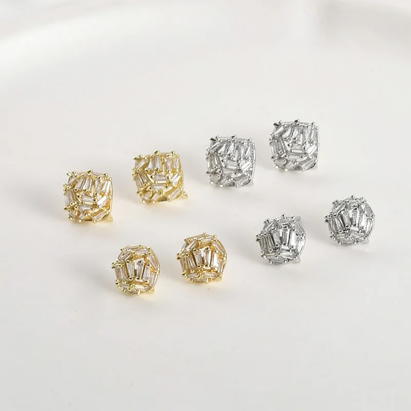 14k Real Gold Color Sparkling Zircon Square Round Stud Earrings with Hanging DIY Handmade Bracelet Necklace Accessories Material