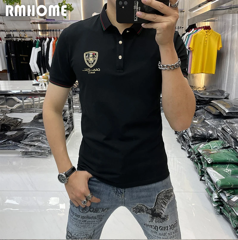 Men\'s Polo Business Casual Fashion Lapel T-shirt Bee Print Hot Diamond Tees 2023 Summer Slim Red Tops Mercerized Cotton Clothing