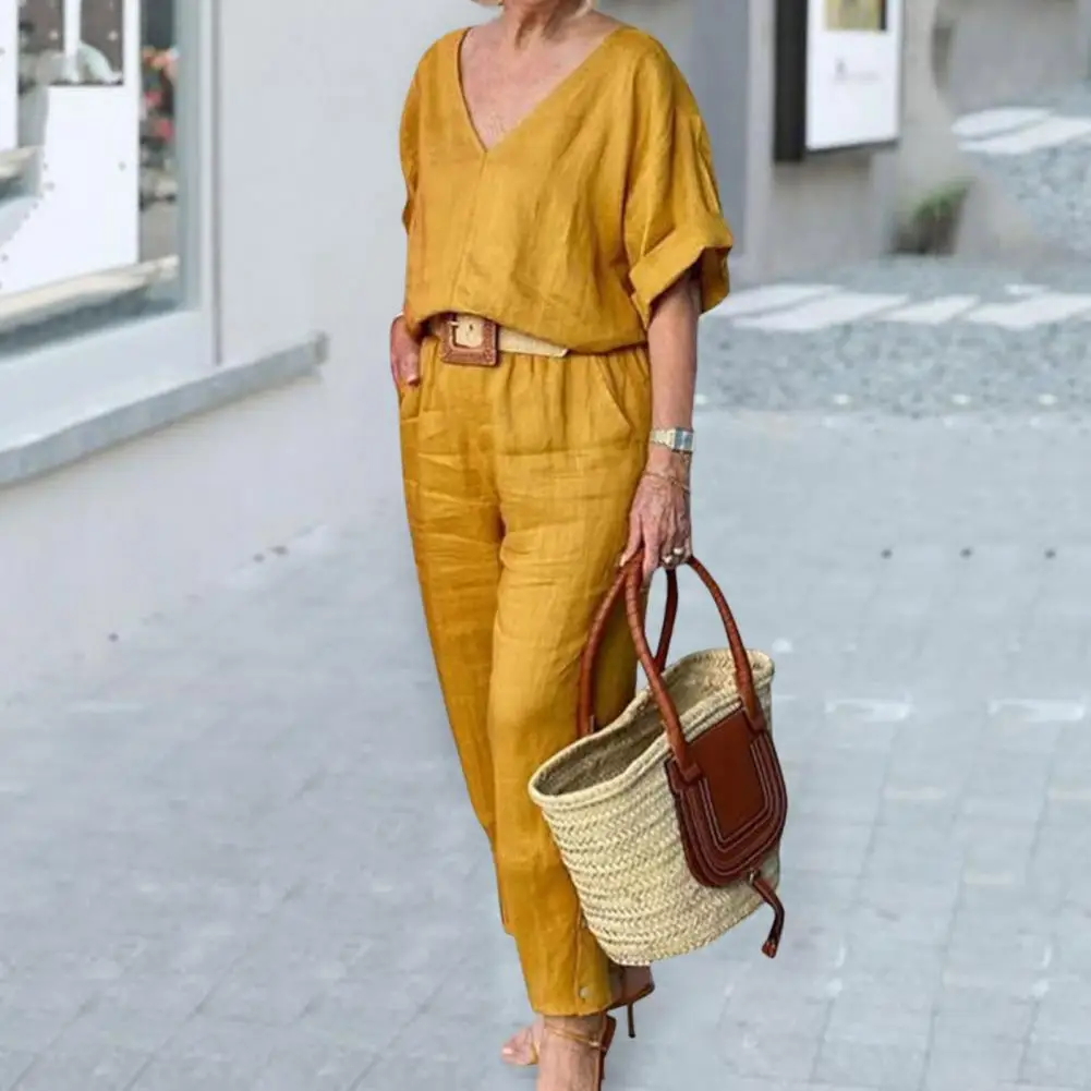 Lady Autunno Estate Outfit Donna T-shirt Pantaloni Set Tinta unita Scollo a V Elastico in vita Mezza manica Tasche a vita alta Top Pantaloni 2025