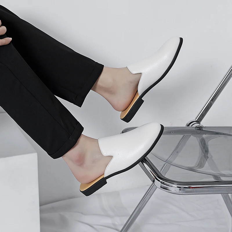 حجم كبير 46 نصف أحذية للرجال البغال الجلود الانزلاق على شقة الصيف شبه السحب حذاء كاجوال عارية الذراعين المتسكعون النعال رجل الشرائح #6