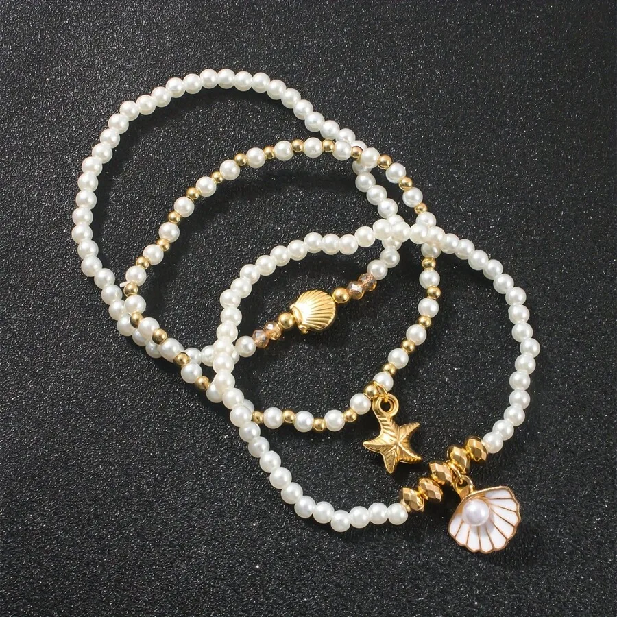 

3-Piece Layered Beaded Bracelet Set Featuring Starfish And Shell Charms, Faux Pearl Accents, Boho Ocean Theme For Summer Wear