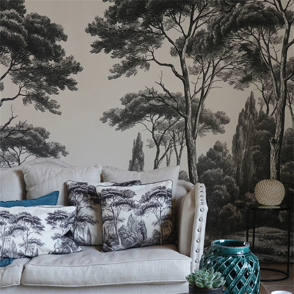 

Customized mural 3D black and white tree wallpapers modern retro nostalgic forest sofa background wall decoration painting mural