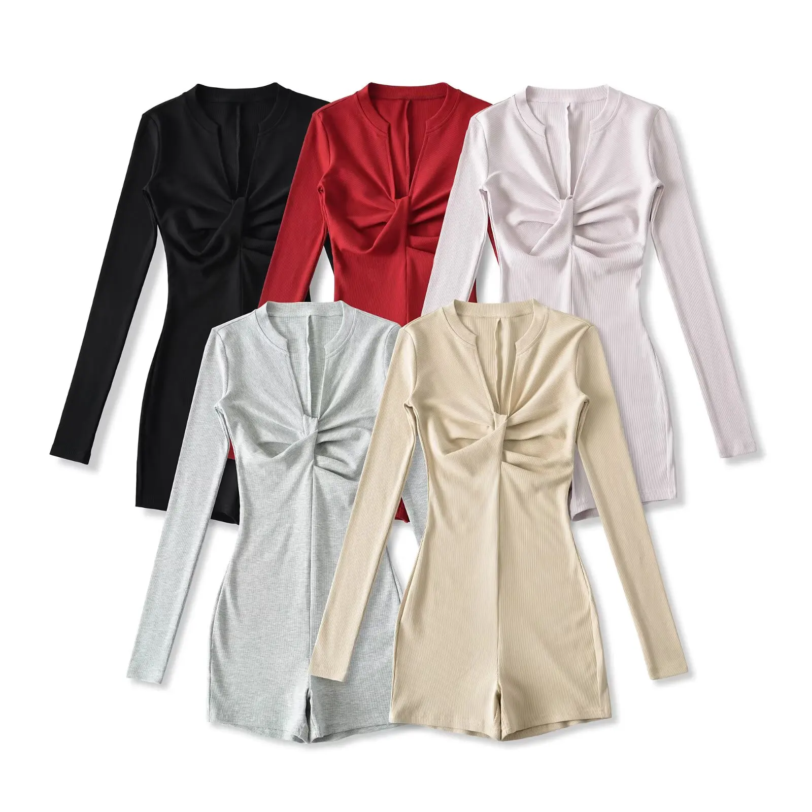 

Sweet And Spicy V-Neck Knot Waist One-Piece Pants Long Sleeve Outerwear Versatile High Waist Short Pants Pure Color