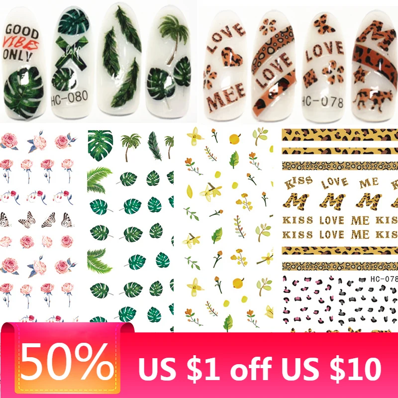 1 Sheet Nail Art Stickers Leopard Design Adhesive Nail Art Decorations Flamingo Monstera Nail Decals DIY Nail Sticker Decals