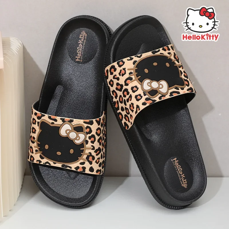 

Hello Kitty Leopard Print Slippers Kawaii Summer Home Bathroom Bath Sandals Creative Fashion Non-slip Travel Can Be Worn Outside