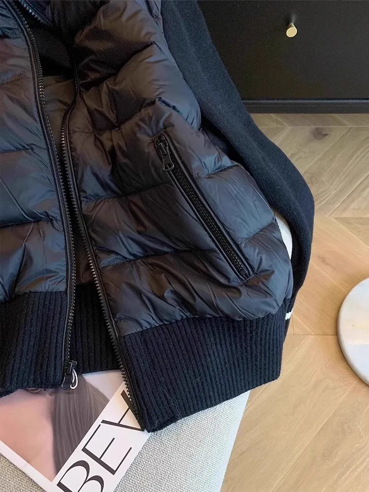 Chaqueta de algodón para mujer, abrigos de manga larga tejidos con empalme de contraste de Color para otoño e invierno, ropa de abrigo ligera con cuello levantado
