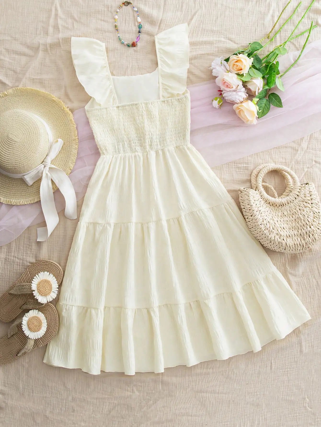 

Boho Tiered Ruffle Dress Sleeveless Square Neck A-Line Mini With Crochet Waistband Summer