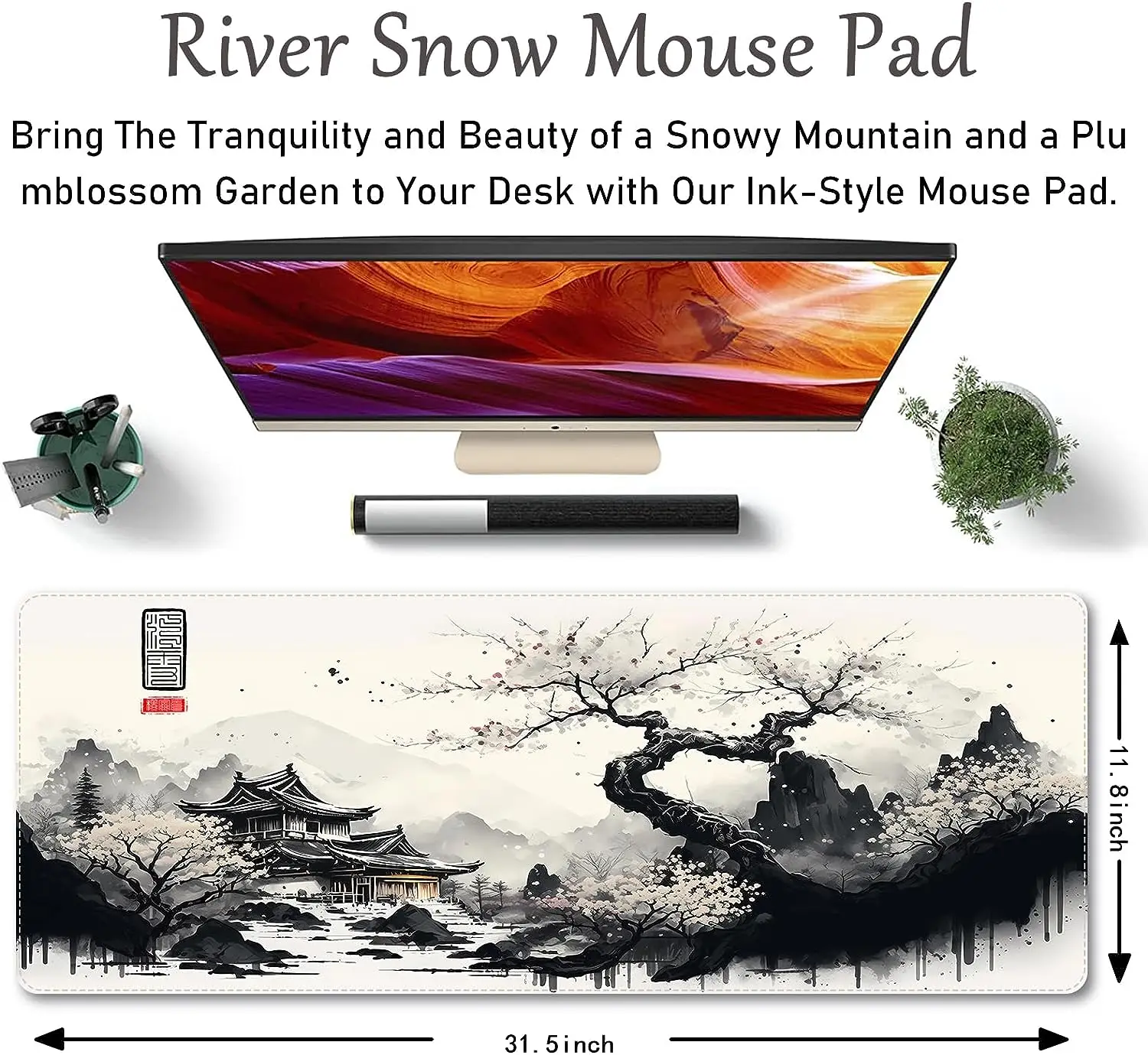 Asian Ink Painting  Gaming Mouse Pad Non-Slip Rubber Mouse Pad with Stitched Edges Waterproof Mouse Mat for Office 31.5" x11.8"