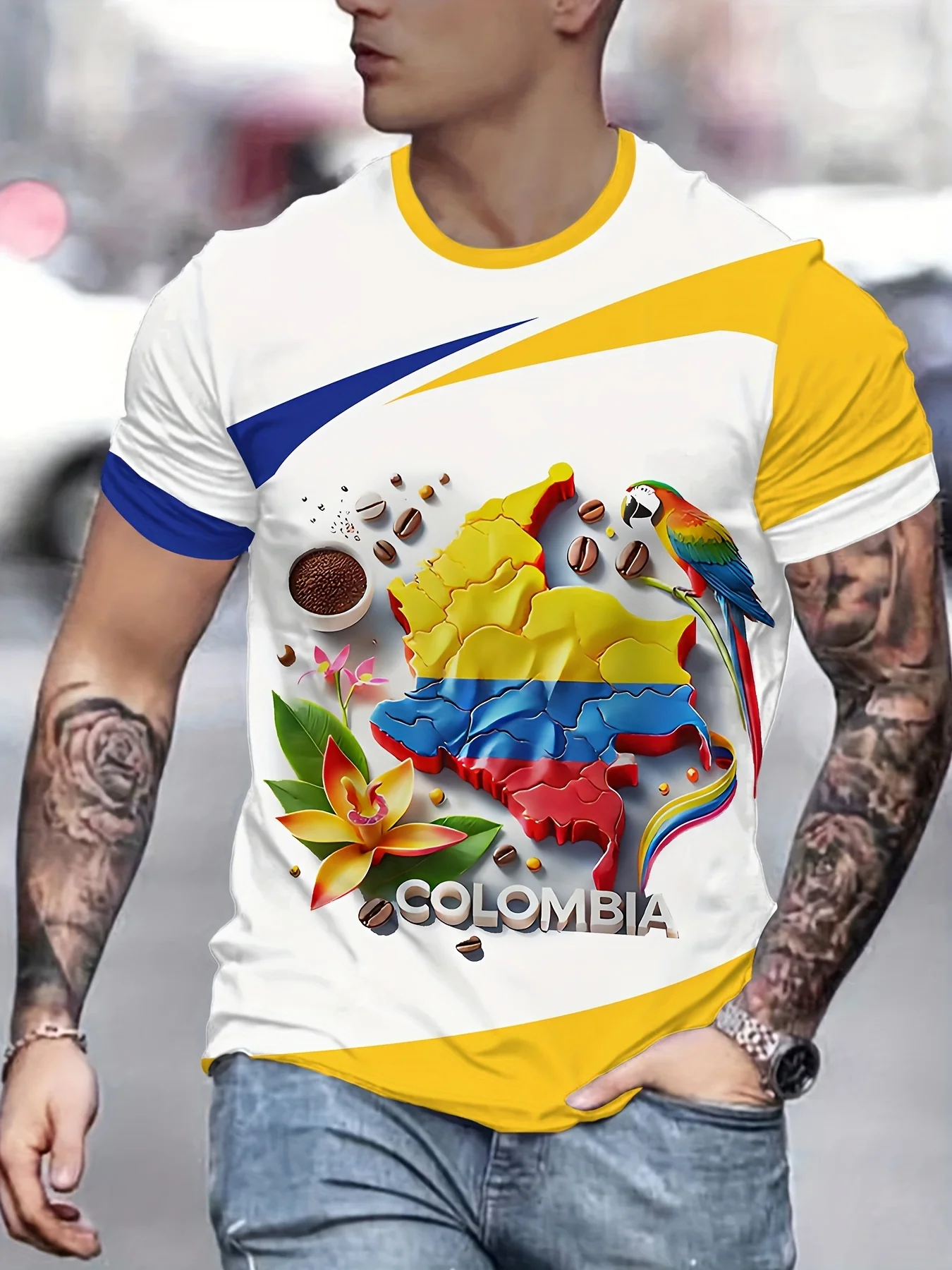 Men's Colombia Flag Map Toucan Parrot Coffee Print T-Shirt Patriotic Crew Neck Short Sleeve Top