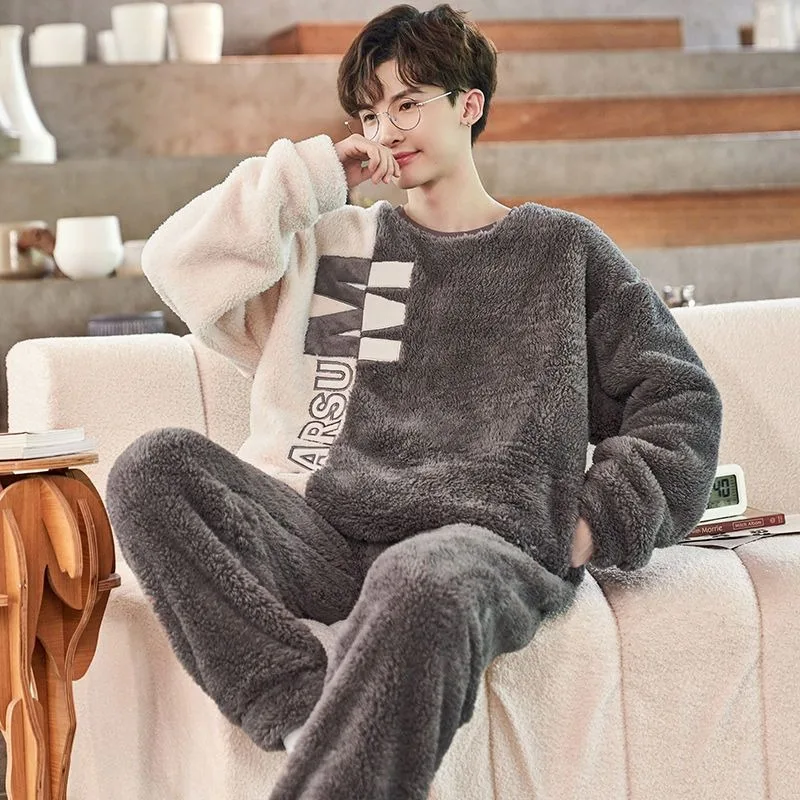 2023 New Sleepwear Men's Winter Thick Plush Loungewear Coral Velvet Youth Cartoon Flannel Nightwear Warm Plus Size Homewear Set