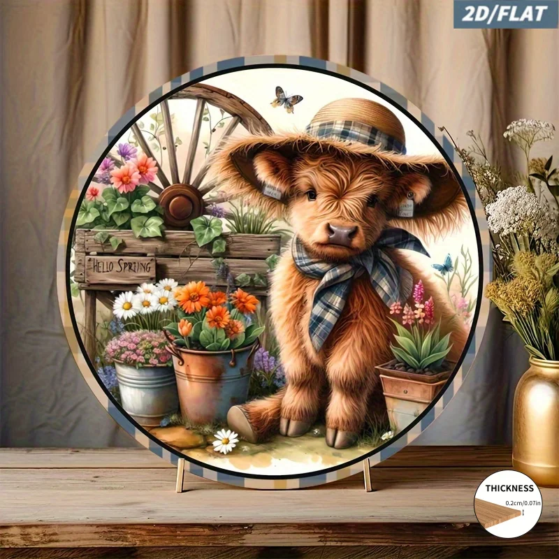 1pc 2D Flat/2D Flat Printing, 1pc, Vintage Wooden Spring Highland Cow Floral Emblem | Spring Farm Decor with Adorable Brown Calf