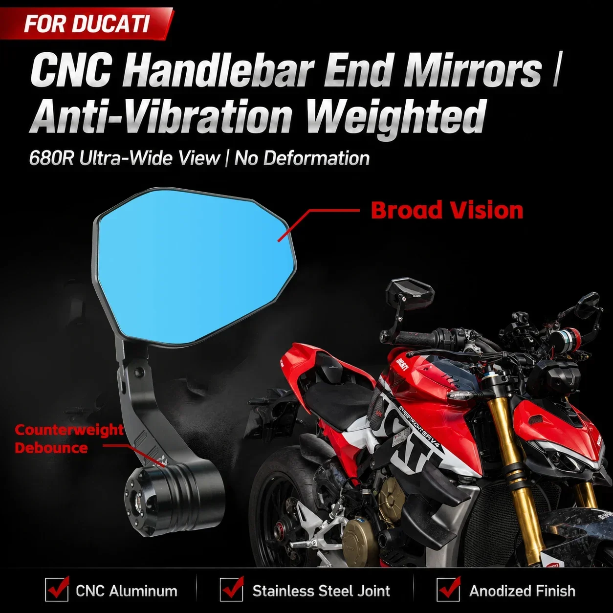 CNC Aluminum Anti-Vibration Bar End mirrors For Ducati Monster 821/1200 StreetFighter v4 v2 Hypermotard 950 Motorcycle Mirrors