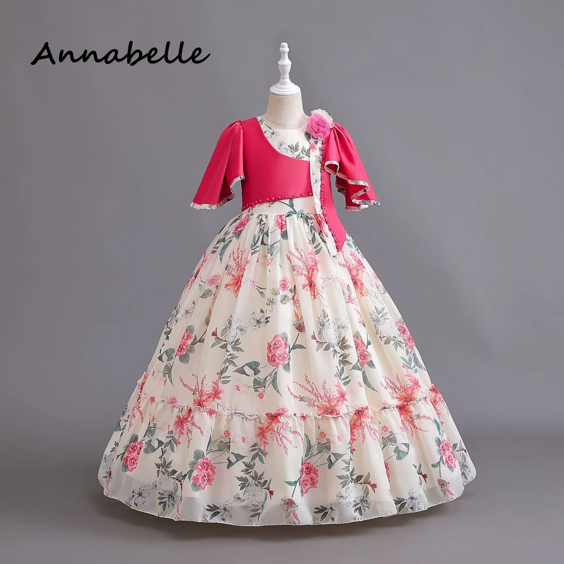 Annabelle-Robe fleurie à nœud pour bébé fille, tenue élégante pour fête de mariage, vêtements gonflés à manches courtes pour enfants