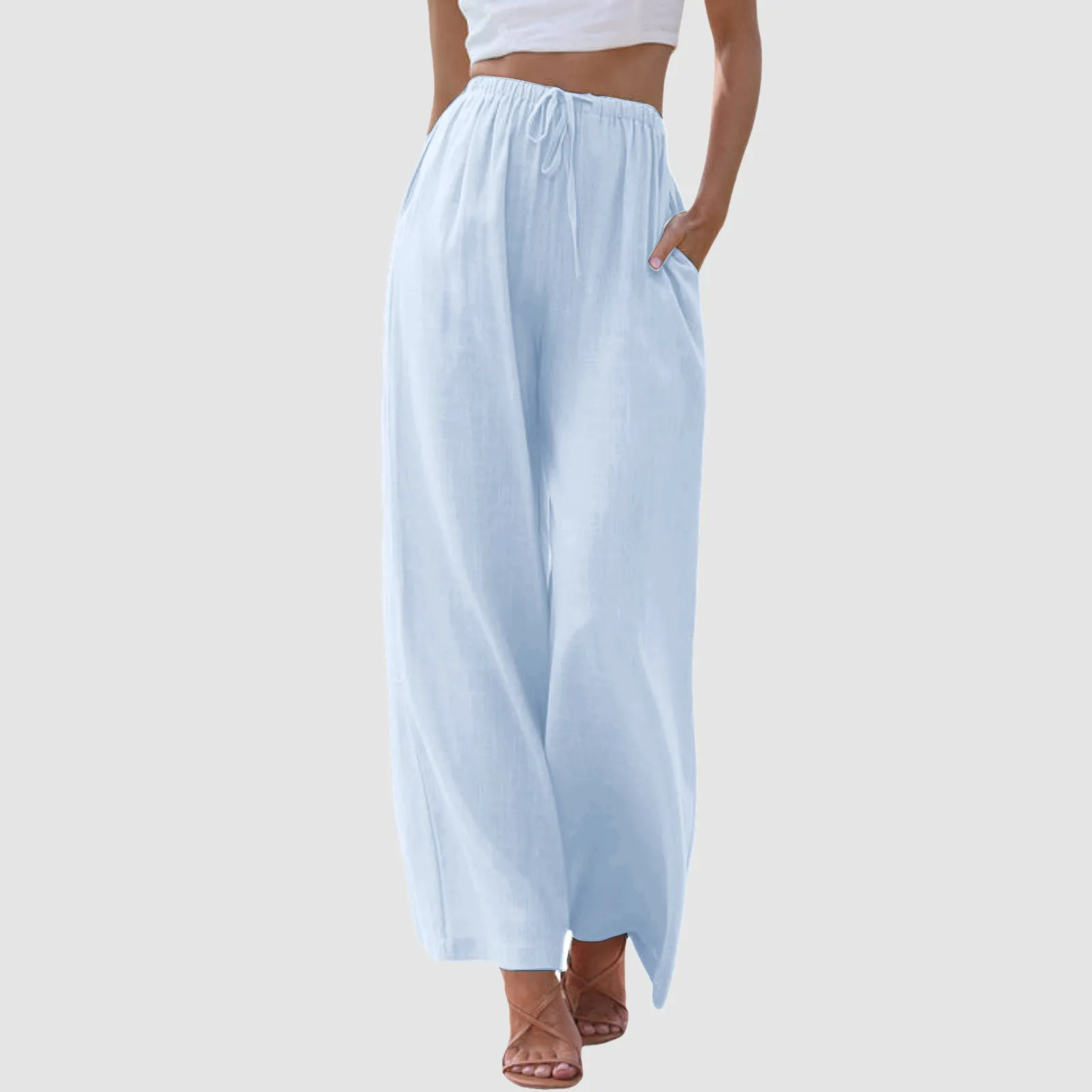 

Ladies Comfy Straight Leg Long Pants With Pockets High Waisted Wide Leg Pants Fashion Drawstring Elastic Waist Loose Trousers