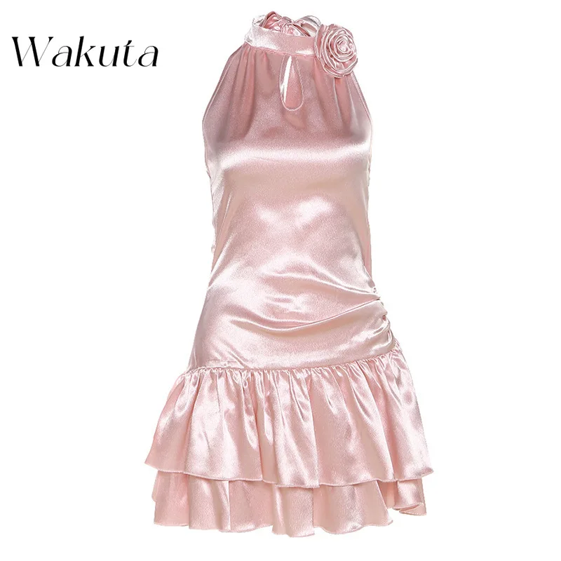 Wakuta-女性のフラウンスヘムミニドレス,背中の開いたイブニングドレス,ナイトクラブウェア,誕生日のボディコン,キラキラ,単色,セクシー,ホルター,パーティードレス,夏