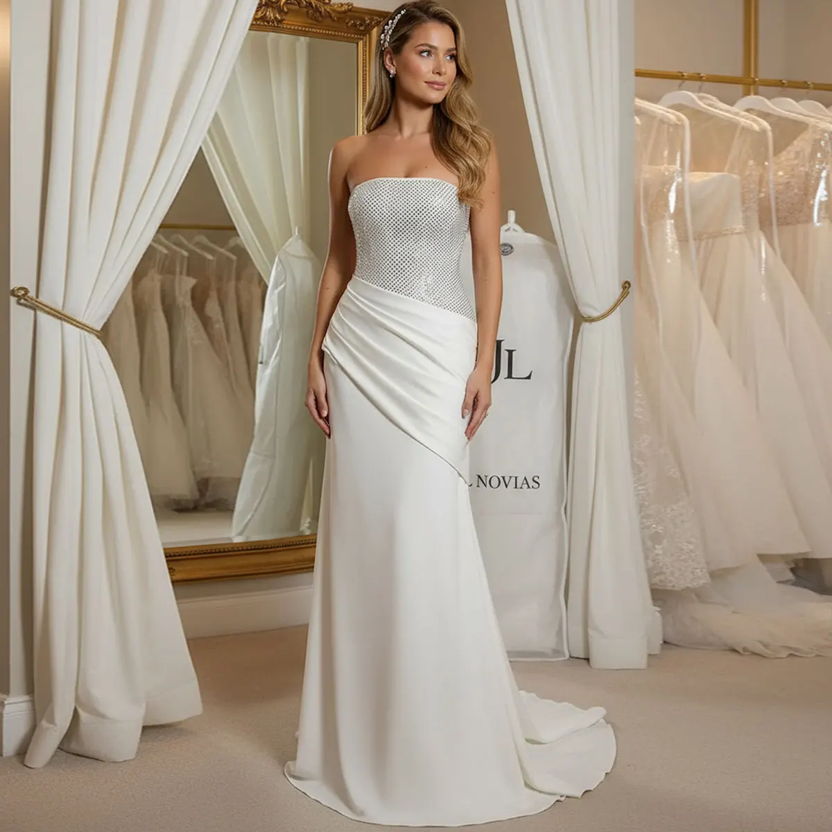 

Romantic Beaded Mermaid Wedding Dresses For Bride 2025 Sheath Strapless Satin Bridal Party Gown For Women Vestidos Novia