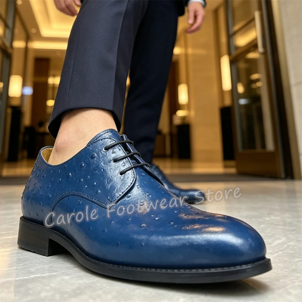 Vintage Emboss Genuine Leather Handmade Loafers Male Round Toe Chunky Heel Lace-Up Oxfords Business Formal Dress Derby Shoes