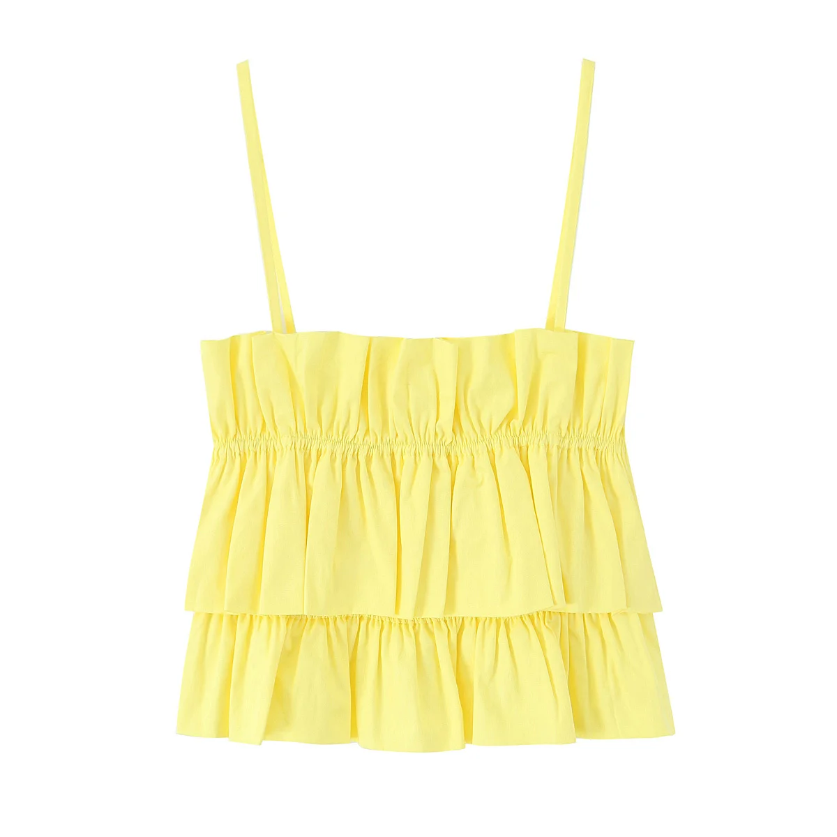 Zevity Nuove Donne Chic Spaghetti Strap Pieghe Increspature Popeline Giallo Grembiule Camicetta Stile Torta Femminile Camicia Blusas Crop Top LS9319