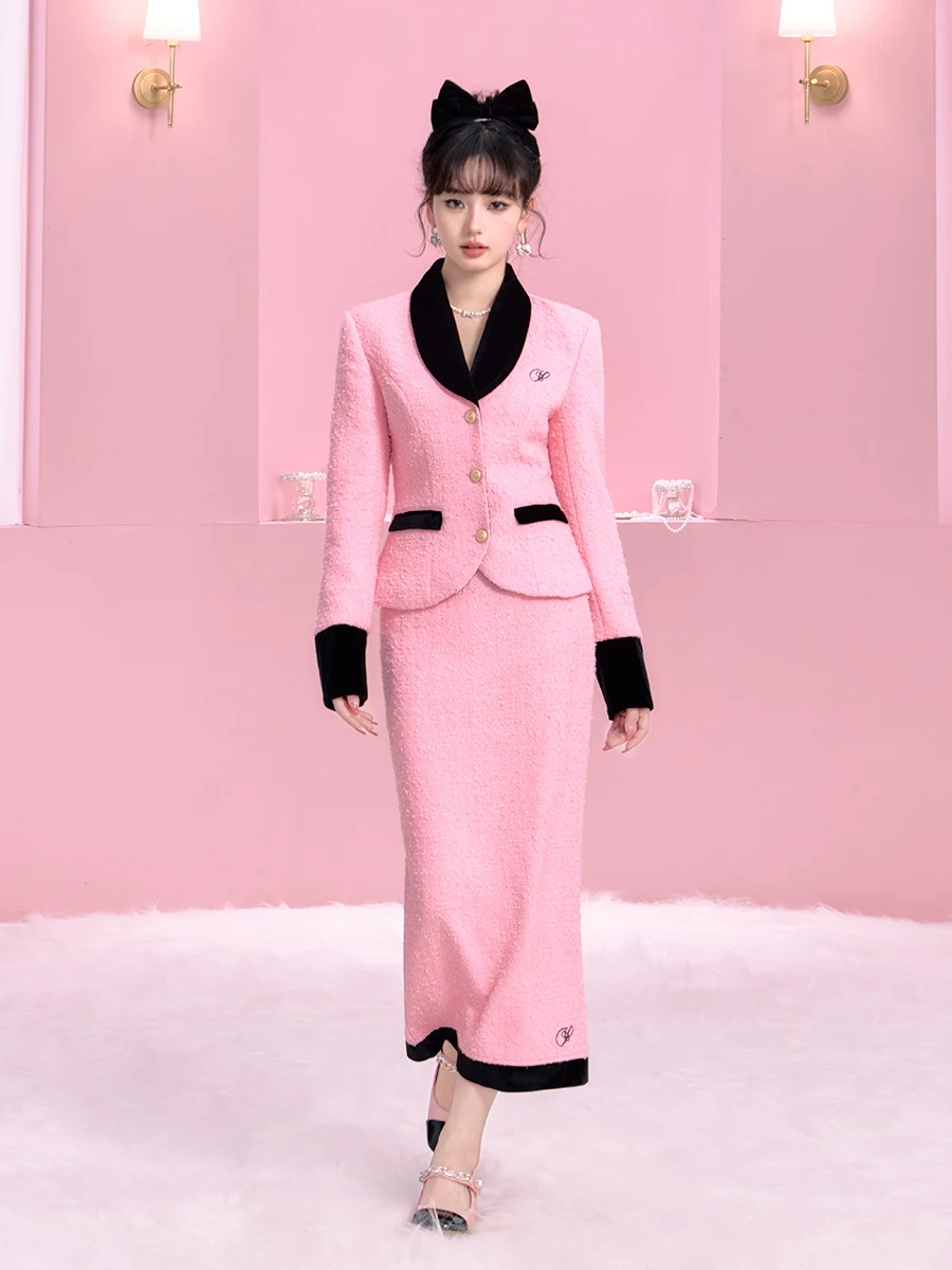 Korean Style Pink Classic Coat Velvet Fabric Stitching Suit Women\'s Autumn Hip Skirt Elegant Suit Skirt Pink Tweed Set Sweet