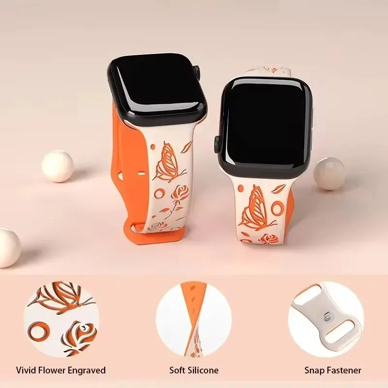 Silicone Strap for Apple Watch Ultra Band 46mm 45mm 49mm 44mm 40mm 41mm 42mm Butterfly Engraved Bracelet for IWatch 10 9 8 7 6 5