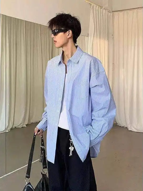 

Мужская рубашка Cleanfit светло-голубого цвета в полоску с длинным рукавом в американском ретро-стиле для весны и лета, для ношения как нижний слой или как верхняя одежда