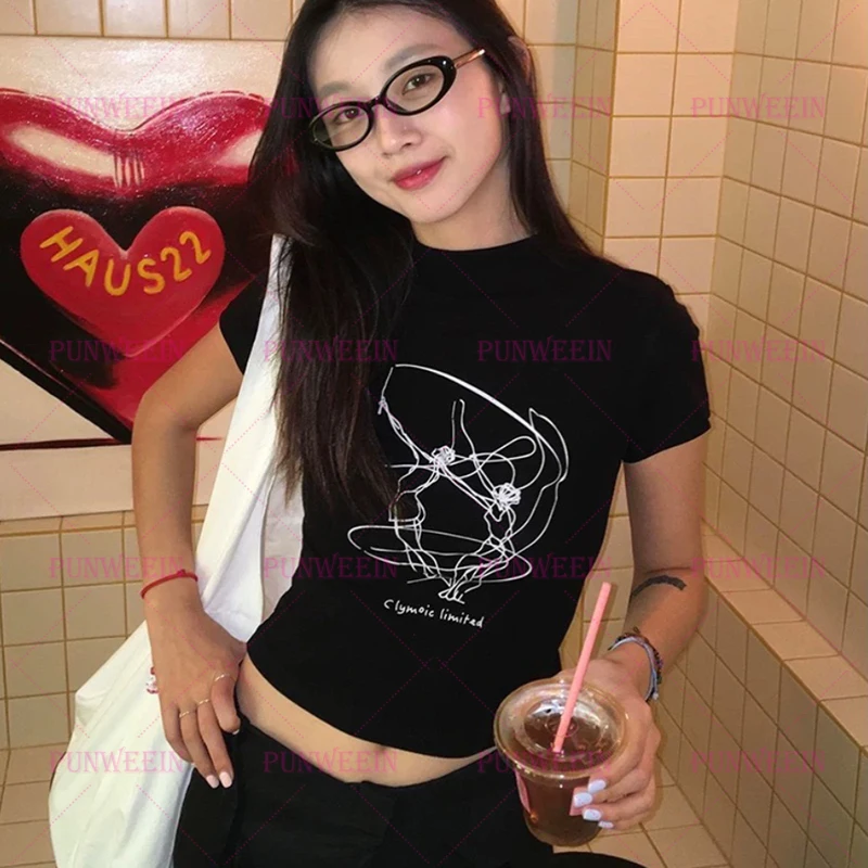 

Aesthetic Lines Print Vintage Streetwear T-shirt y2k 90s Crop Top Summer Punk Short Sleeve Summer punk chic Gthic Casual T-shirt