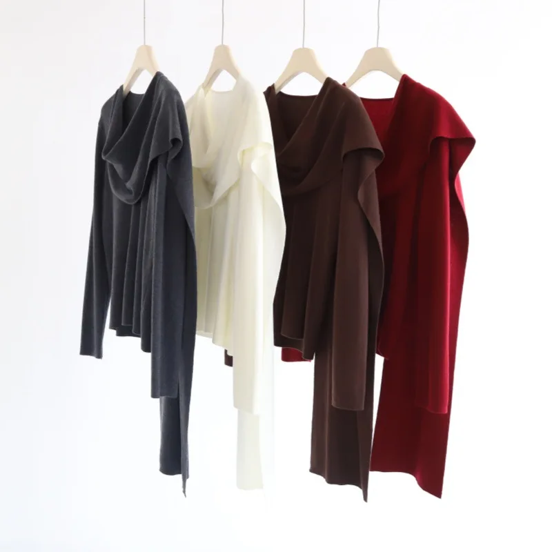 

A minimalist long-sleeved knitted base layer with a scarf collar for women