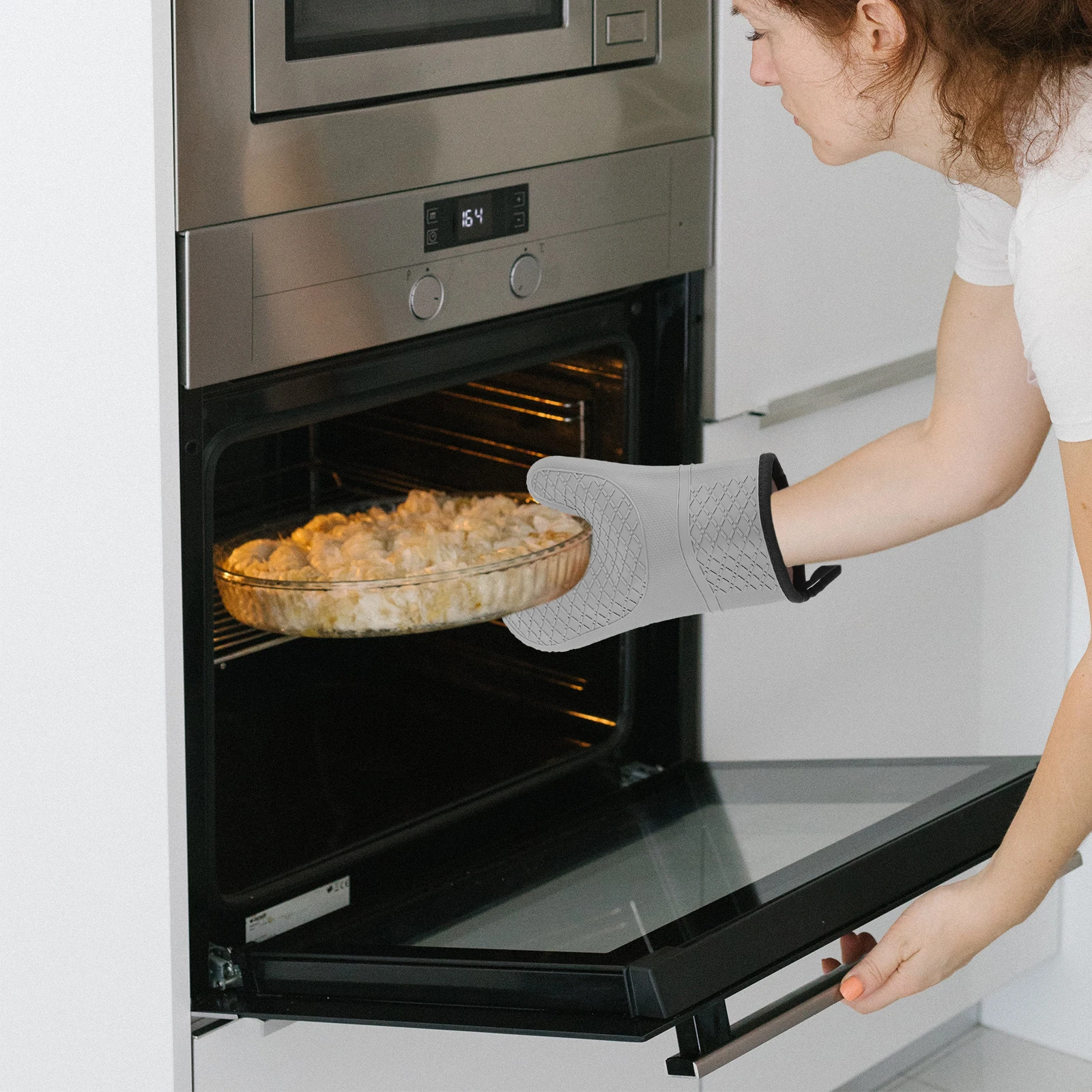 

Heat Resistant Oven Mitts Gray Premium Silicon Baking Gloves Thick Lining Non Slip Insulation Kitchen Safety Long Lasting