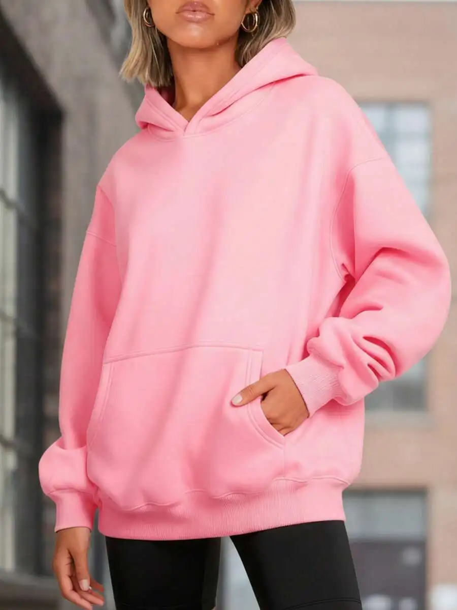 

Женская розовая толстовка оверсайз с капюшоном и передним карманом