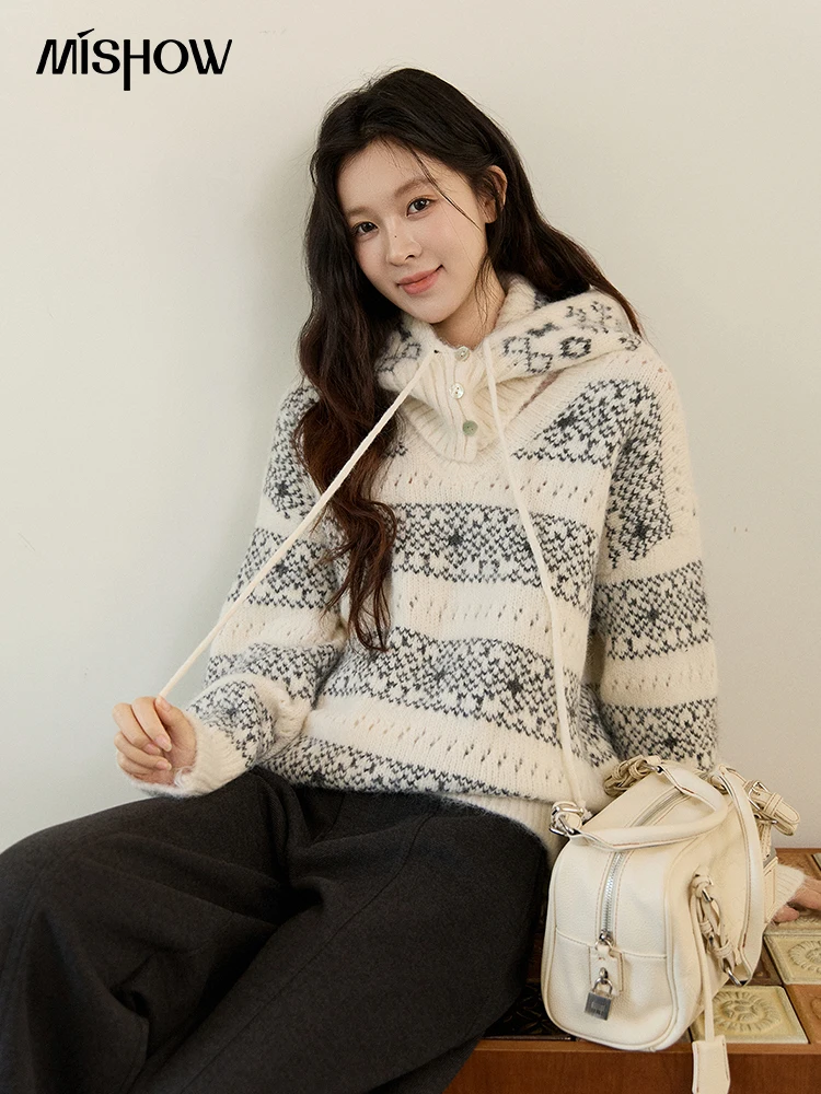 

Женский вязаный свитер MISHOW в стиле Fair Isle, зима 2025, с V-образным вырезом, из смесовой шерсти, повседневный, со съемным капюшоном, теплый, свободный крой, MXE94Z2979