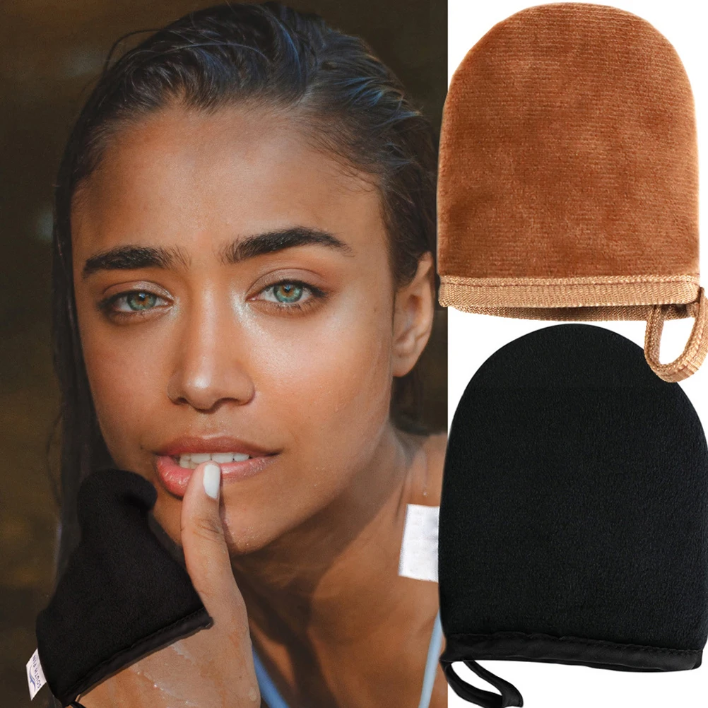 

2pcs Flocking Gloves Black Brown Reusable Tanning Mitts For Self Tan Lotion Mousse Application Streak-Free Finish Cream Body