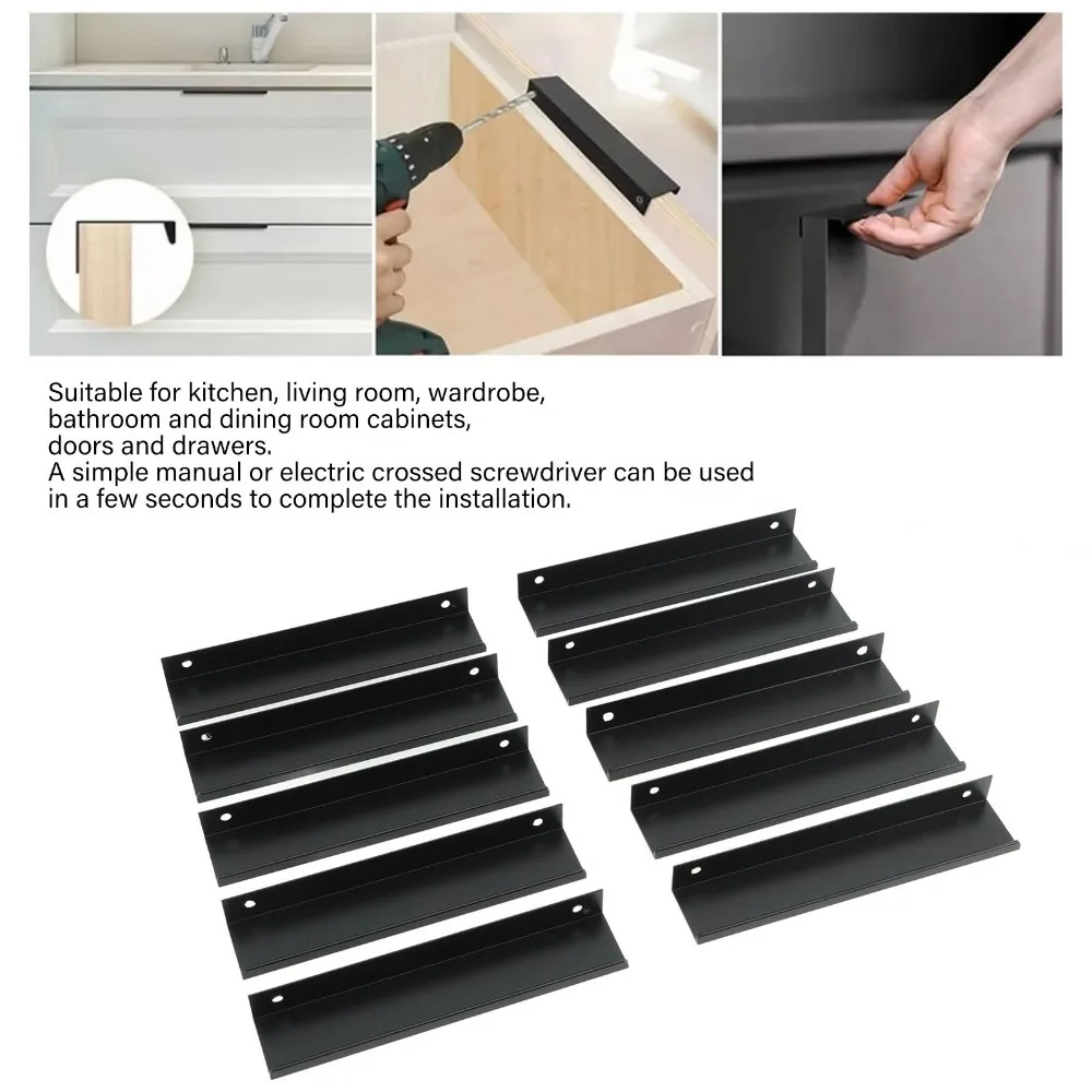 10pcs Modern Aluminium Alloy Cabinet Edge Pulls Black Concealed Mount Drawer Pull Handles Finger Pull Door Handles Cabinet